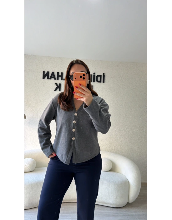 Antrasit Silver Düğmeli Triko Hırka