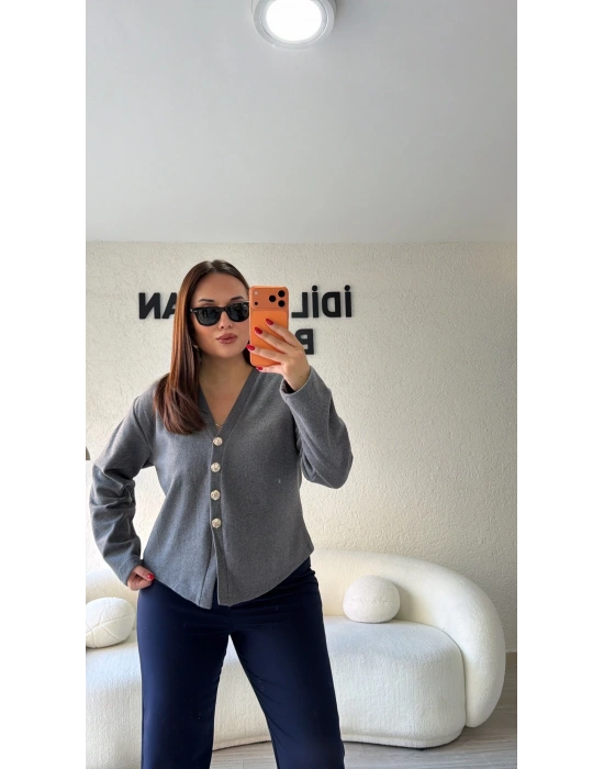 Antrasit Silver Düğmeli Triko Hırka