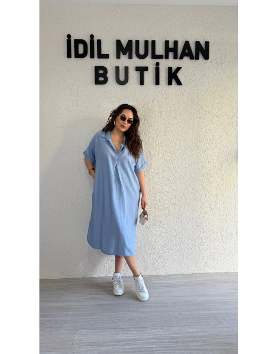 Bebe Mavisi Kemer Detaylı Tensel Elbise