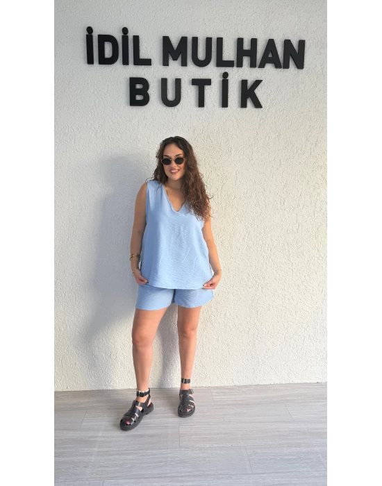 Bebe Mavisi Keten Şortlu Takım