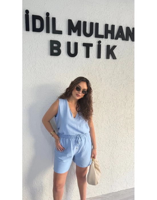 Bebe Mavisi Keten Şortlu Takım
