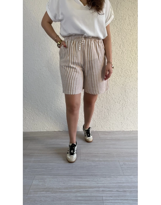 Bej Çizgili Şort