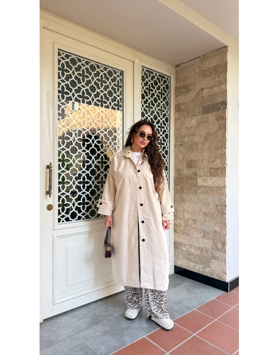 Bej Düğmeli Oversize Trençkot