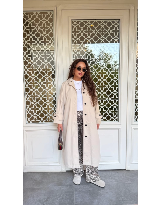 Bej Düğmeli Oversize Trençkot