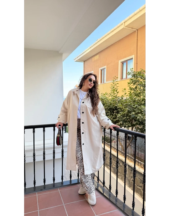 Bej Düğmeli Oversize Trençkot