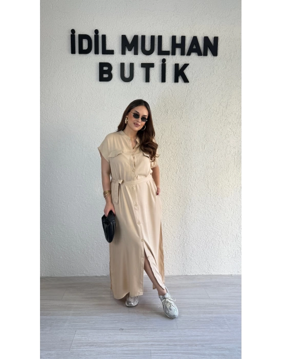 Bej Hakim Yaka Düğmeli Elbise