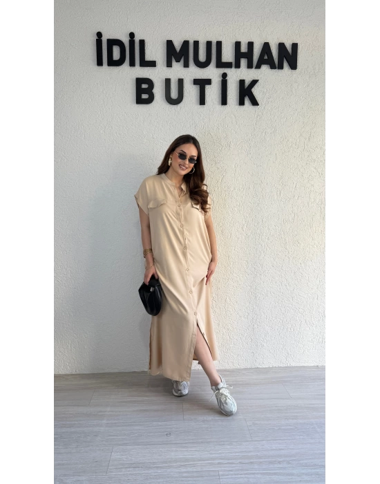 Bej Hakim Yaka Düğmeli Elbise