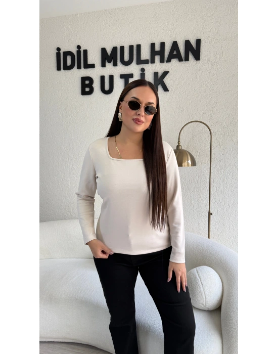 Bej Kare Yaka Oysh Kumaş Bluz