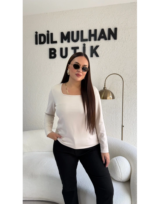 Bej Kare Yaka Oysh Kumaş Bluz