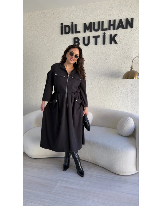Bel Büzgülü Fermuarlı Premium Elbise