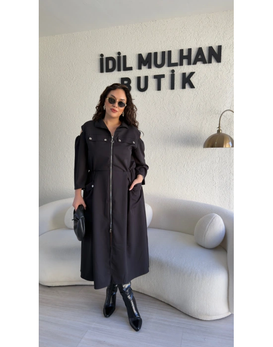 Bel Büzgülü Fermuarlı Premium Elbise