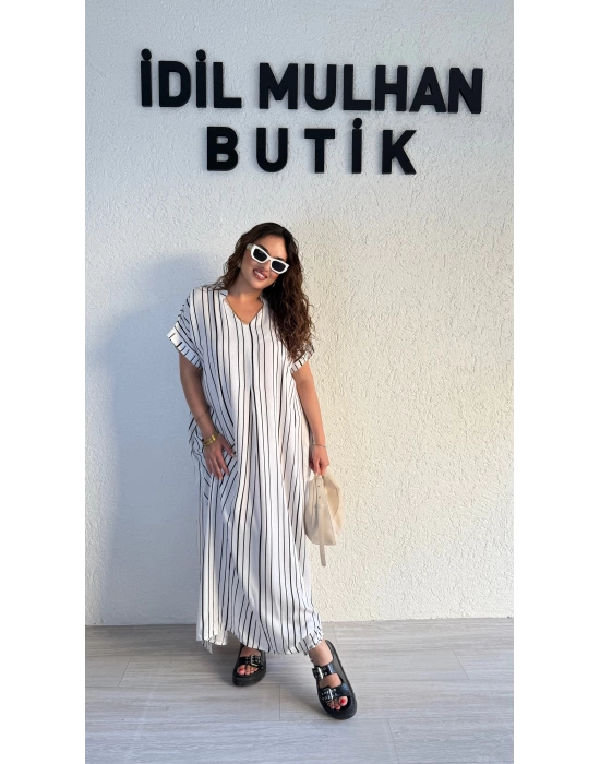 Beyaz Dikey Şeritli Pamuk Elbise
