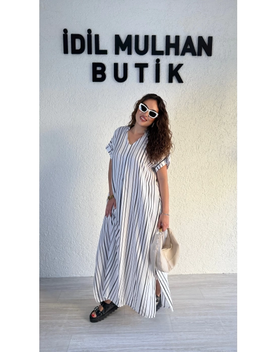 Beyaz Dikey Şeritli Pamuk Elbise