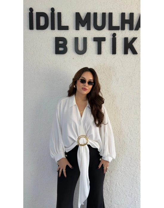 Beyaz Gold Tokalı Bağlamalı Bluz