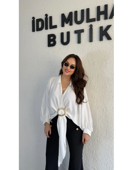 Beyaz Gold Tokalı Bağlamalı Bluz