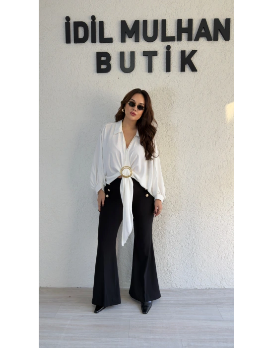 Beyaz Gold Tokalı Bağlamalı Bluz