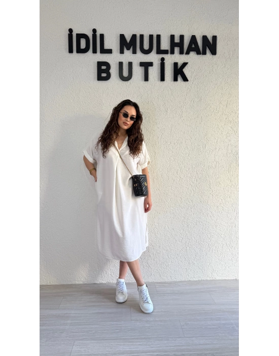 Beyaz Kemer Detaylı Tensel Elbise