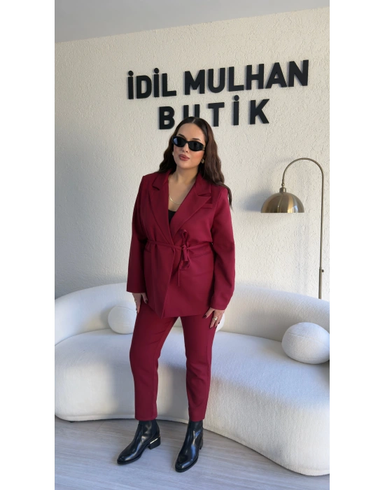 Bordo Bağlama Detaylı Kruvaze Blazer Takım
