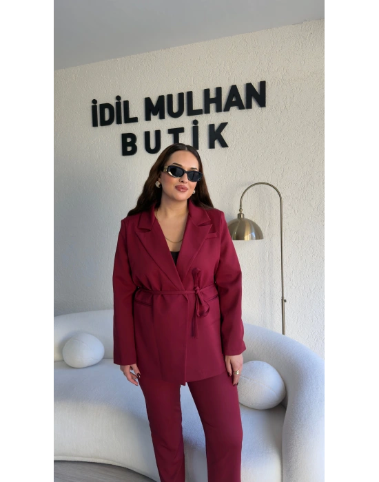 Bordo Bağlama Detaylı Kruvaze Blazer Takım