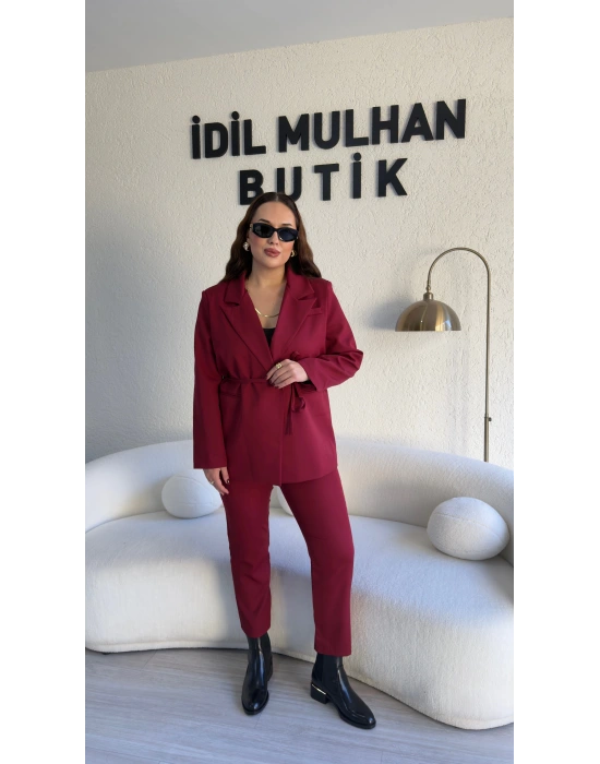 Bordo Bağlama Detaylı Kruvaze Blazer Takım