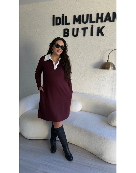 Bordo Beyaz Gömlek Yaka Elbise
