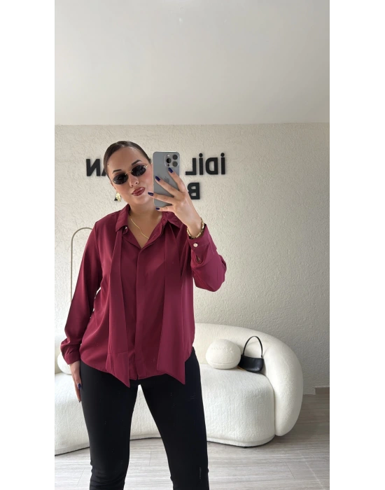 Bordo Çıkarılabilir Fularlı Gömlek