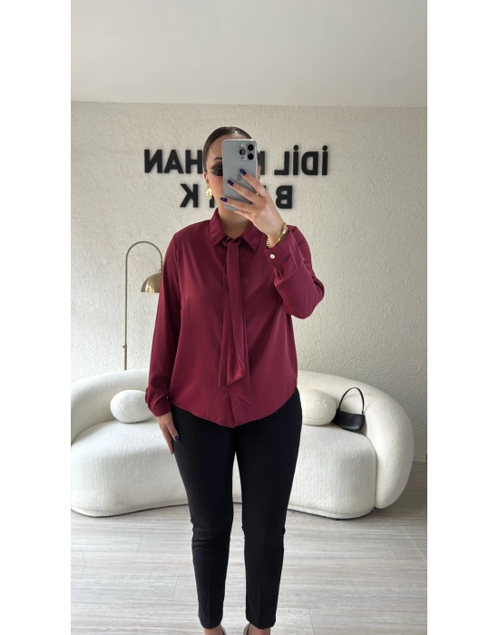 Bordo Çıkarılabilir Fularlı Gömlek
