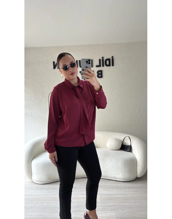 Bordo Çıkarılabilir Fularlı Gömlek