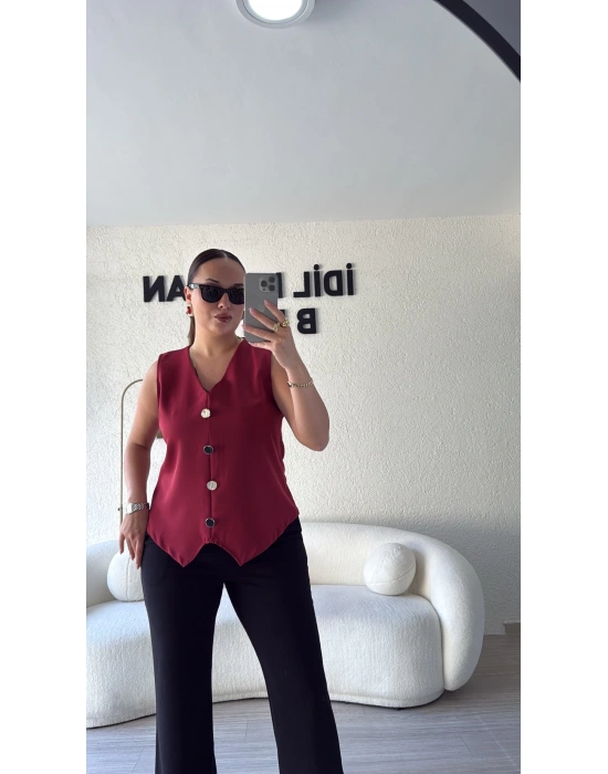 Bordo Düğme Detaylı Bluz