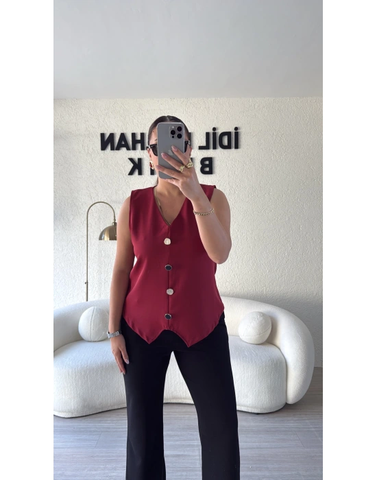 Bordo Düğme Detaylı Bluz