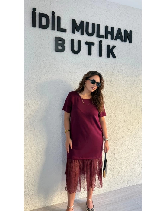 Bordo Eteği Güpürlü Elbise