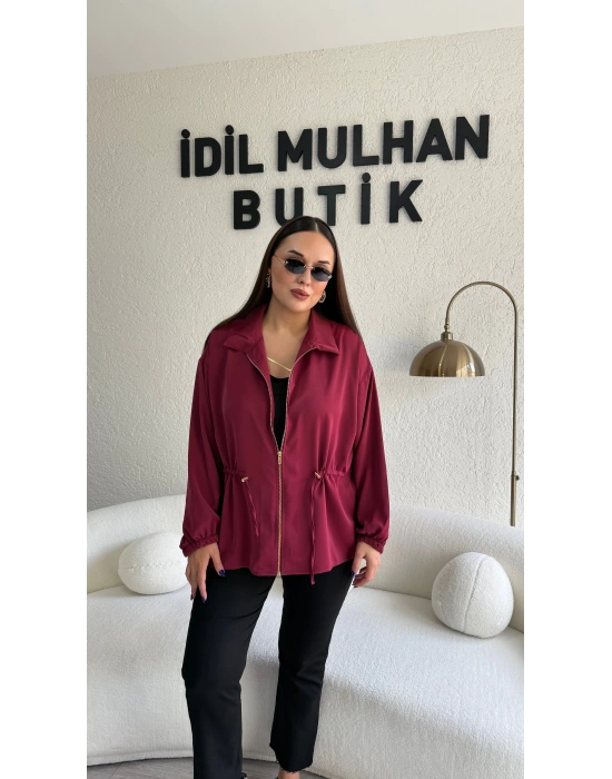Bordo Fermuarlı Bel Büzgülü Ceket