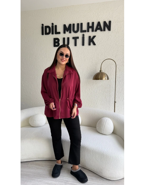 Bordo Fermuarlı Bel Büzgülü Ceket