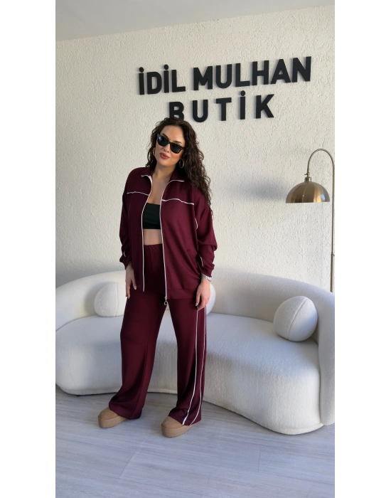 Bordo Fermuarlı Üstlü Şerit Detaylı Takım