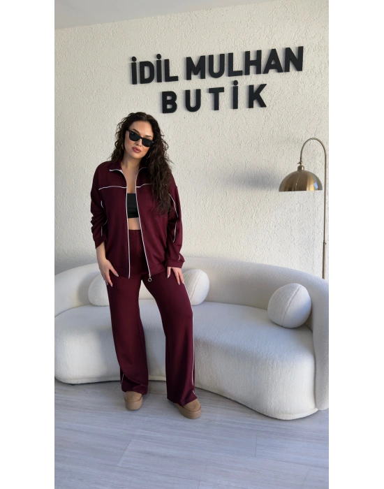 Bordo Fermuarlı Üstlü Şerit Detaylı Takım