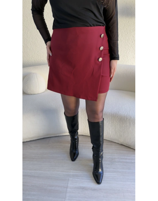 Bordo Gold Düğmeli Şort Etek