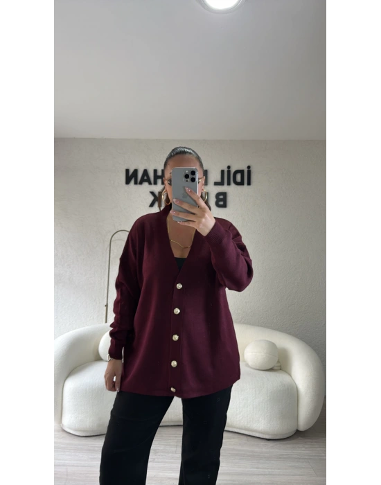 Bordo Gold Düğmeli Triko Hırka