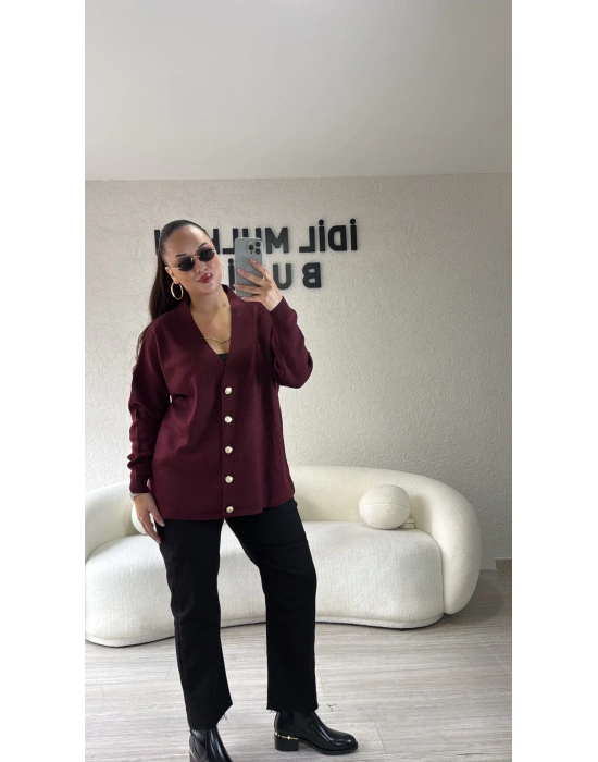 Bordo Gold Düğmeli Triko Hırka