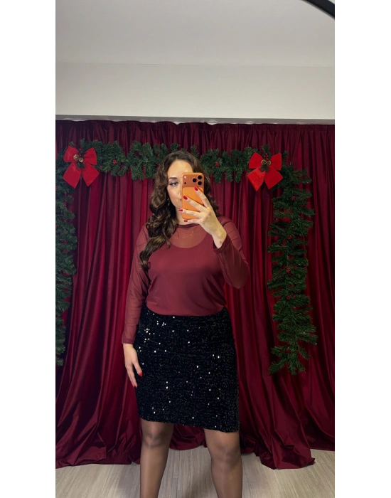 Bordo İkili Tül Bluz