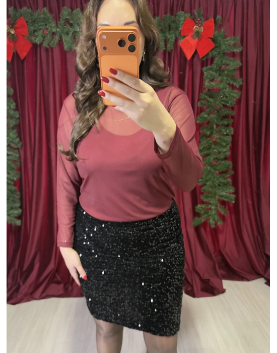 Bordo İkili Tül Bluz