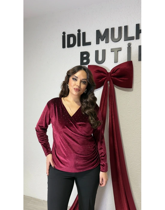 Bordo Kadife Taşlı Drapeli Bluz