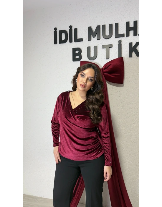 Bordo Kadife Taşlı Drapeli Bluz