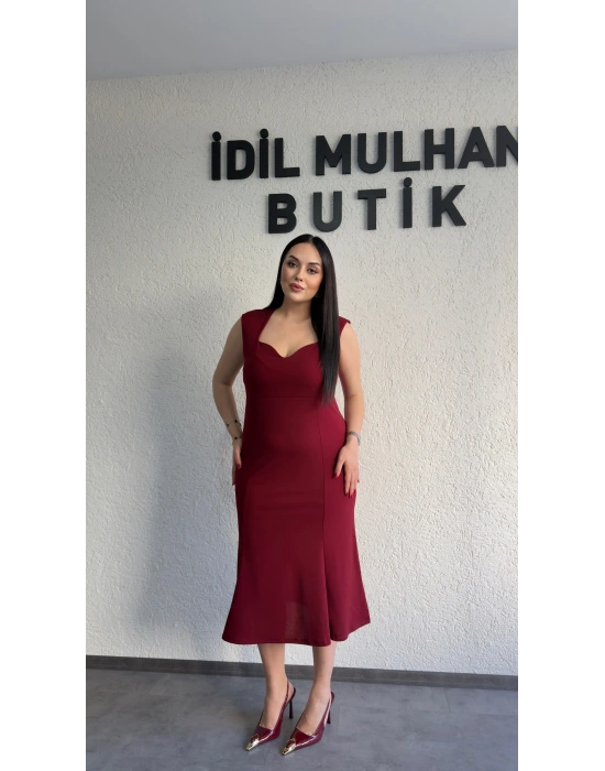 Bordo Kalp Yaka Klasik Midi Elbise
