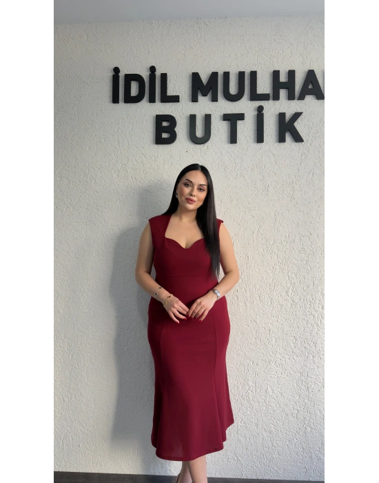 Bordo Kalp Yaka Klasik Midi Elbise