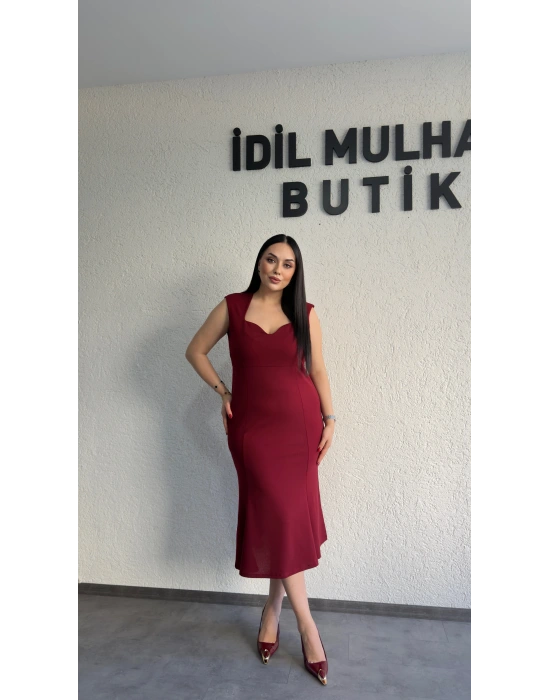 Bordo Kalp Yaka Klasik Midi Elbise