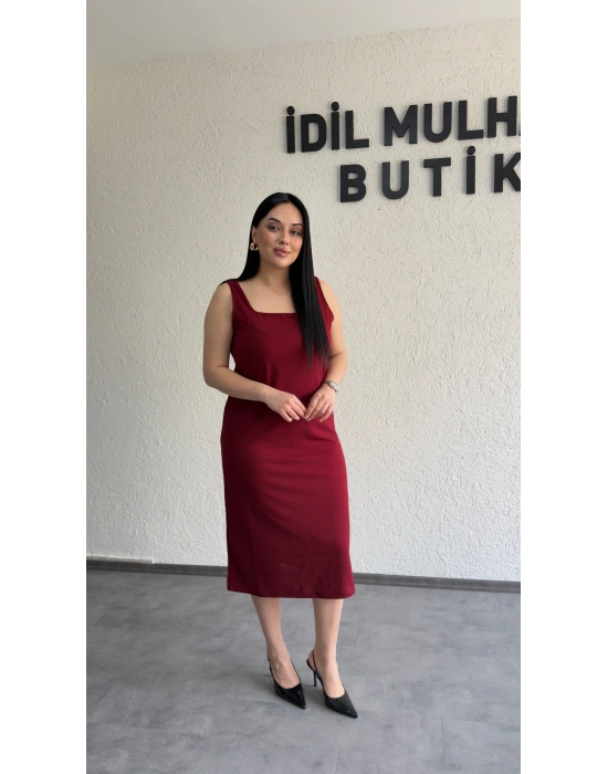 Bordo Kare Yaka Krep Elbise