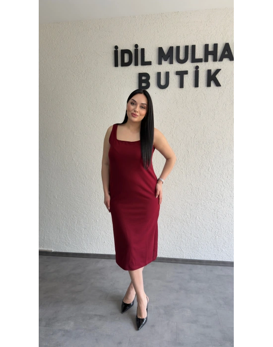 Bordo Kare Yaka Krep Elbise