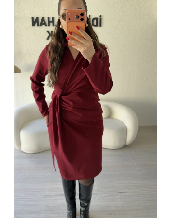 Bordo Kruvaze Pile Detaylı Elbise