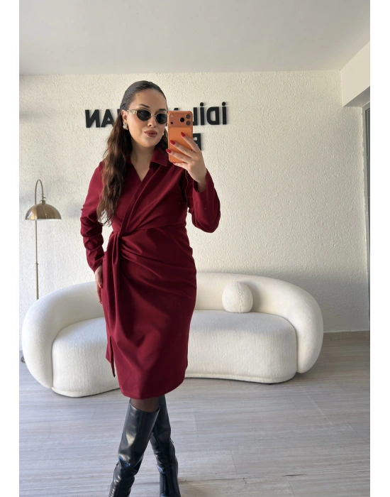 Bordo Kruvaze Pile Detaylı Elbise