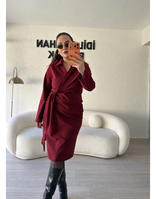 Bordo Kruvaze Pile Detaylı Elbise